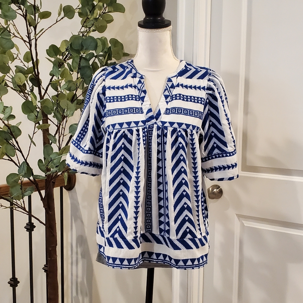 Navy  and White Geometric Blouse